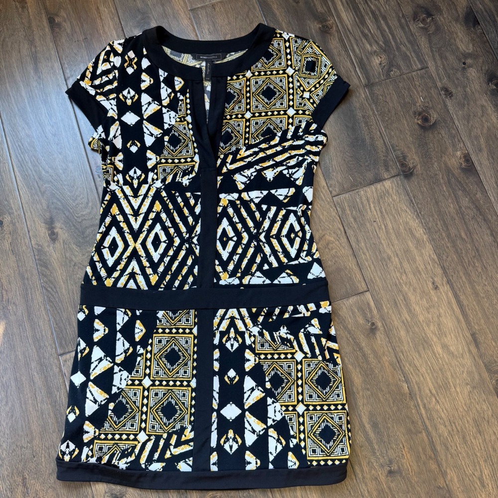 BCBGMAXAZRIA Shift Dress Women XXS Black Yellow‎ Excellent Geometric Drop Waist
